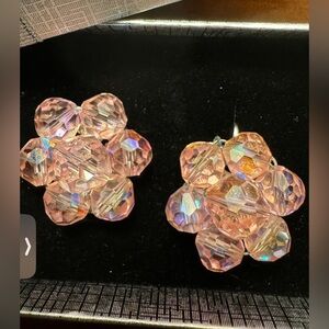 Vintage 1950s Laguna Earrings Aurora Borealis Pink Crystal Clip On Silver Tone